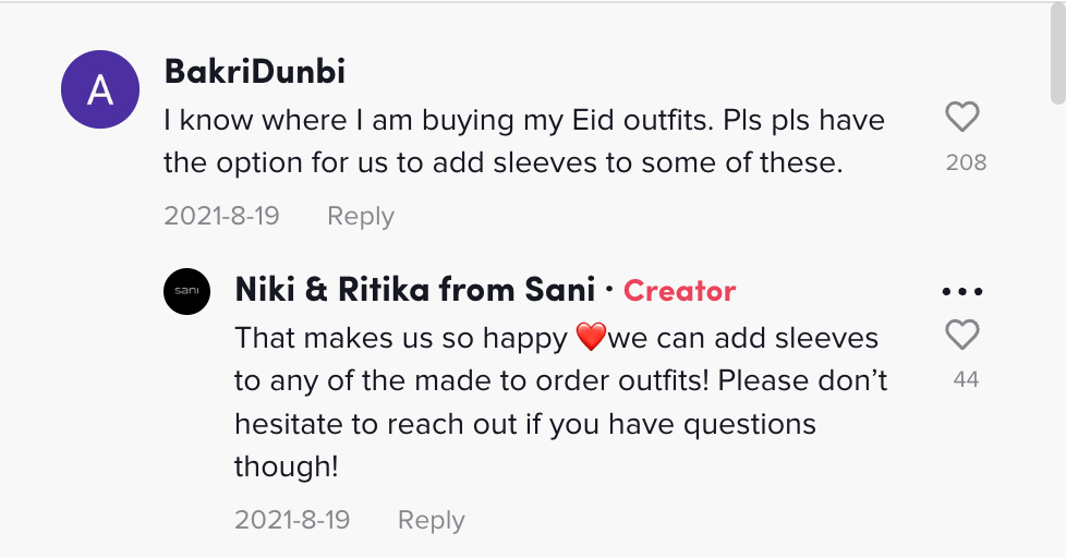TikTok 댓글 섹션에서 소매에 대한 질문에 답변하는 Sani