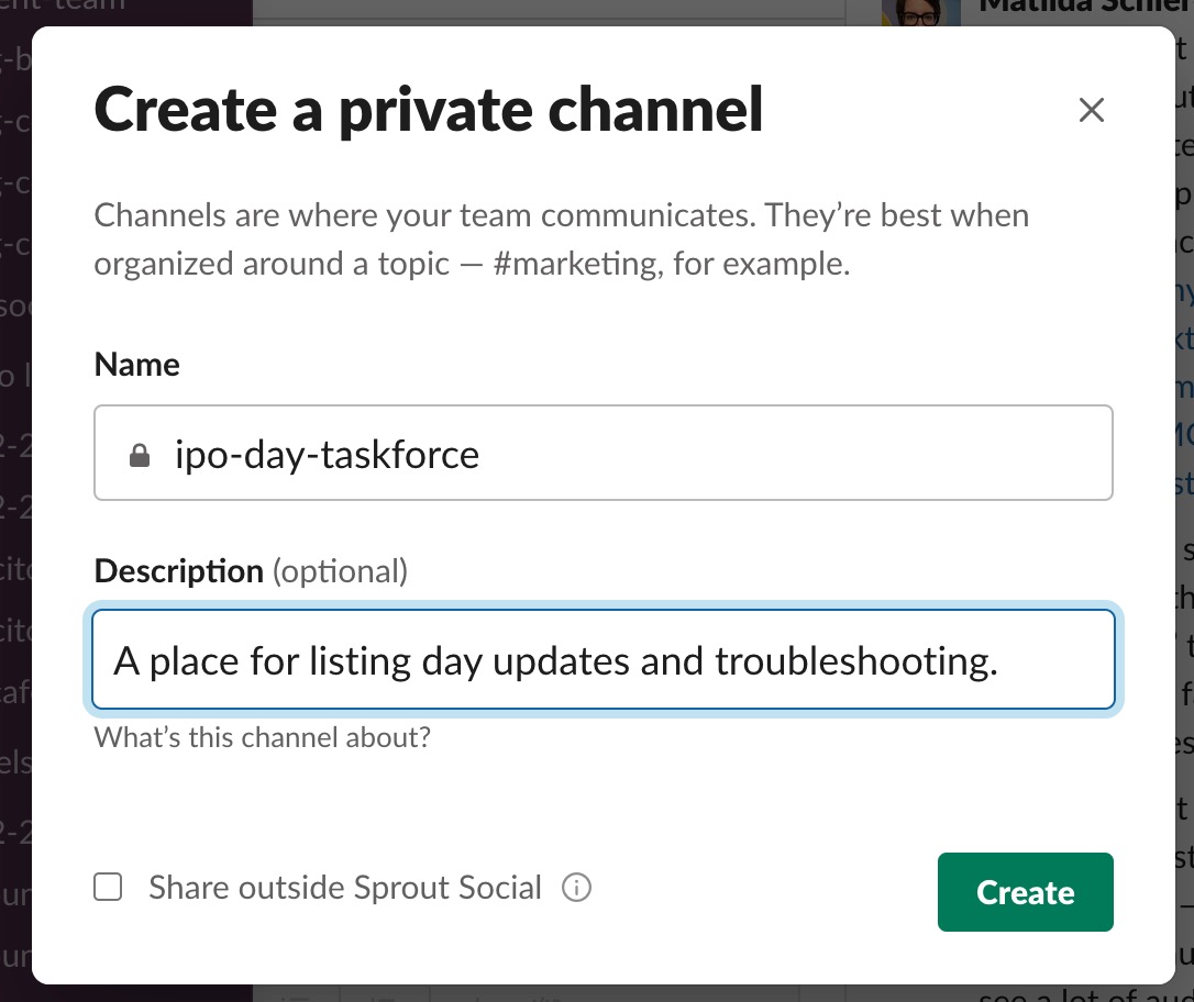 Uno screenshot di una finestra di creazione del canale Slack, che mostra l'impostazione di un canale privato per le discussioni relative all'IPO.