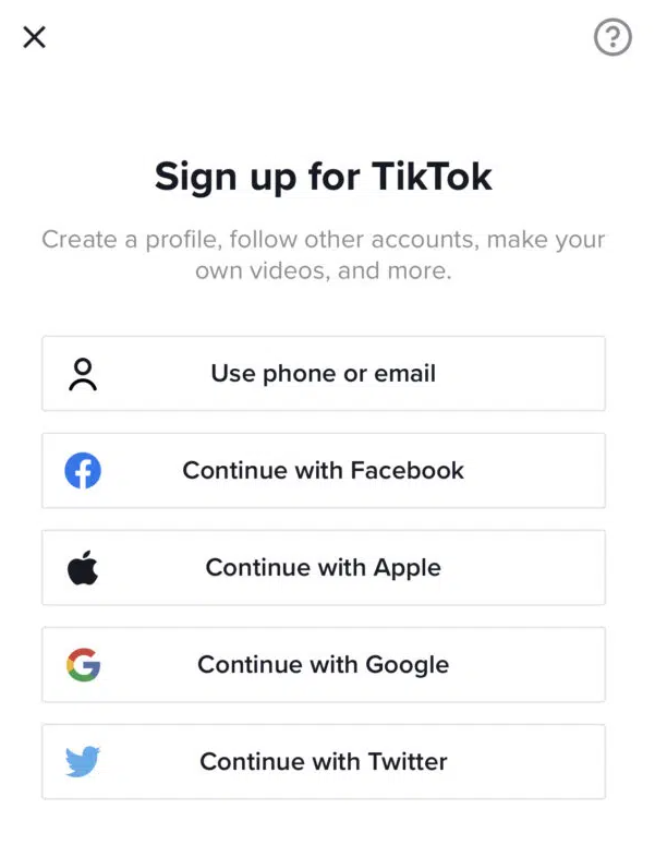 iscriviti alla pagina di tiktok con 5 diverse opzioni di registrazione