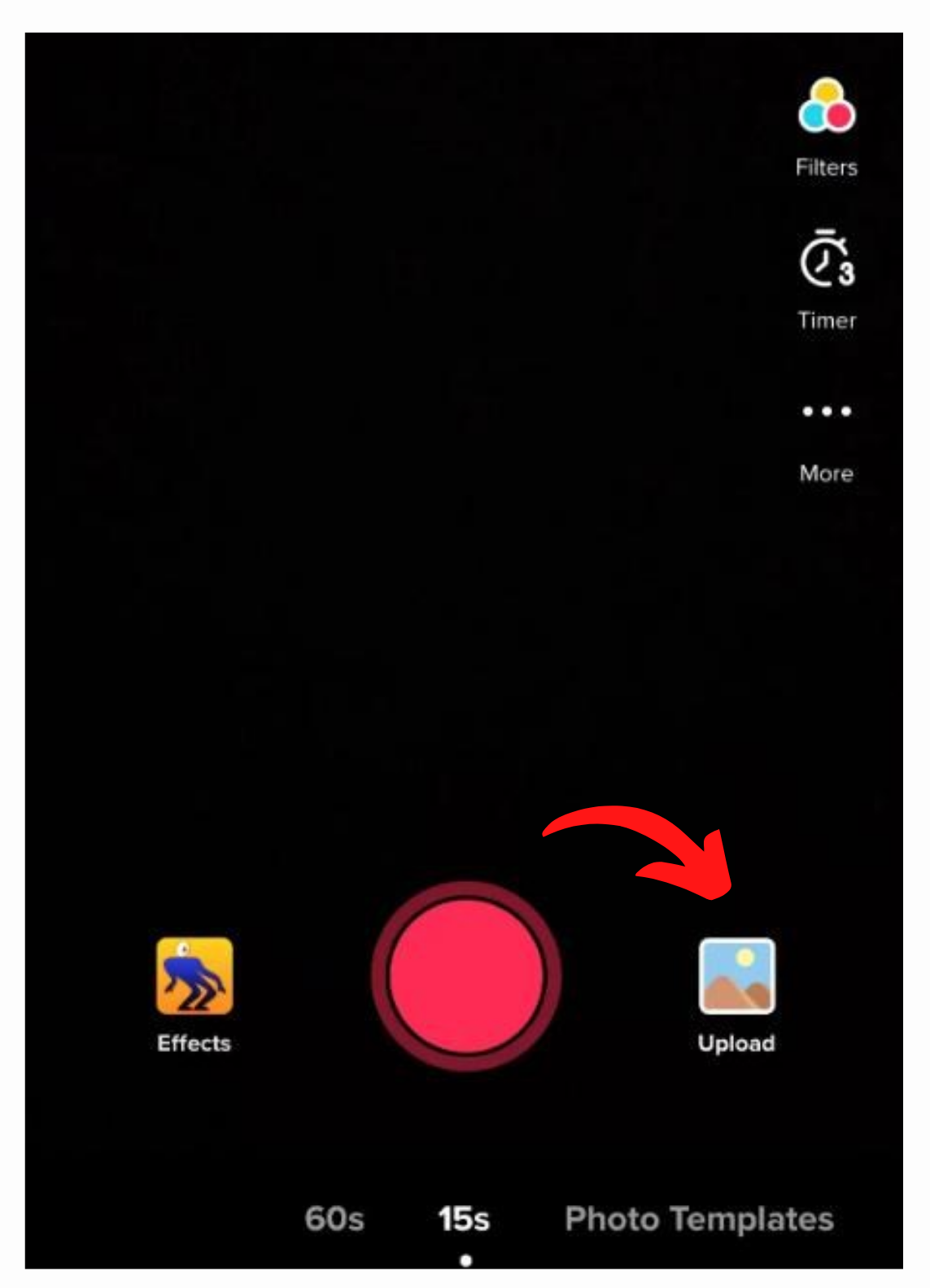fotocamera tiktok con la freccia che punta al pulsante di caricamento