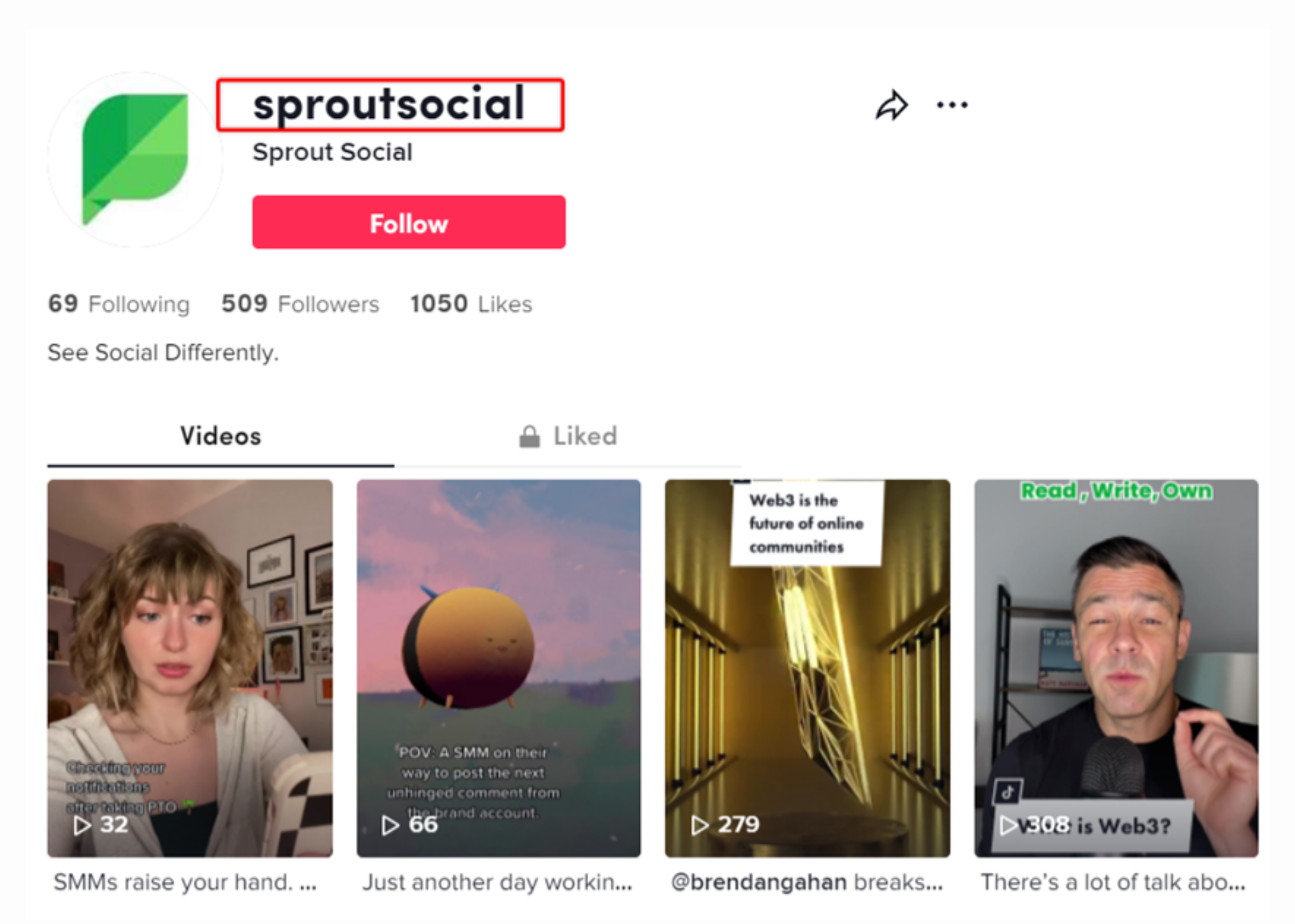 sproutsocial pagina tiktok che evidenzia il nome utente tiktok del marchio