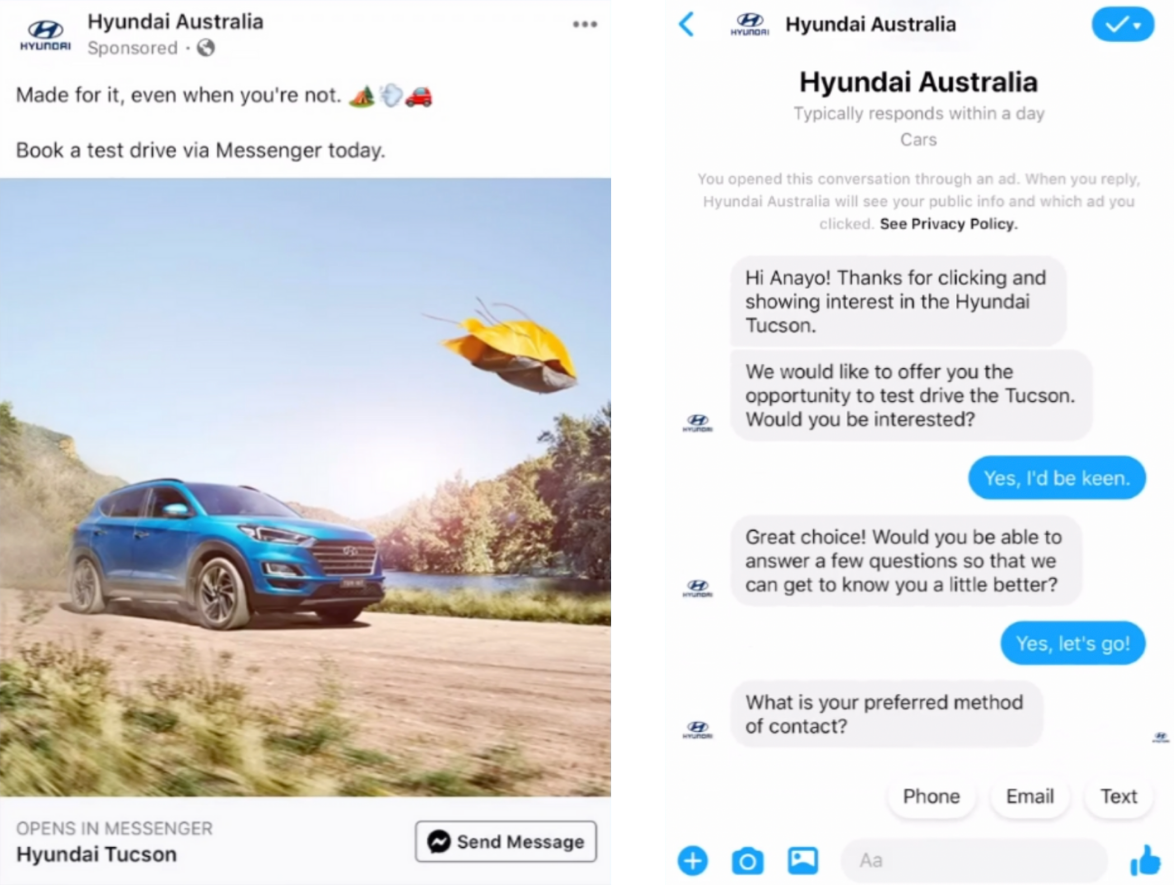 Hyuandi Australia의 Facebook 광고 캠페인 스크린샷과 그들의 Messenger 봇과 테스트 드라이브에 관심이 있는 고객이 나란히 나누는 대화.