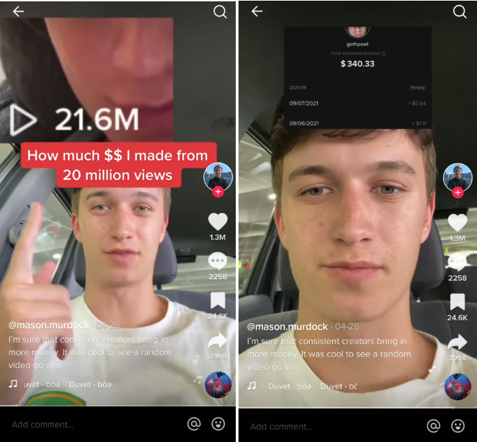 Zrzut ekranu przedstawiający użytkownika wyjaśniającego wypłatę z funduszu TikTok Creator Fund.