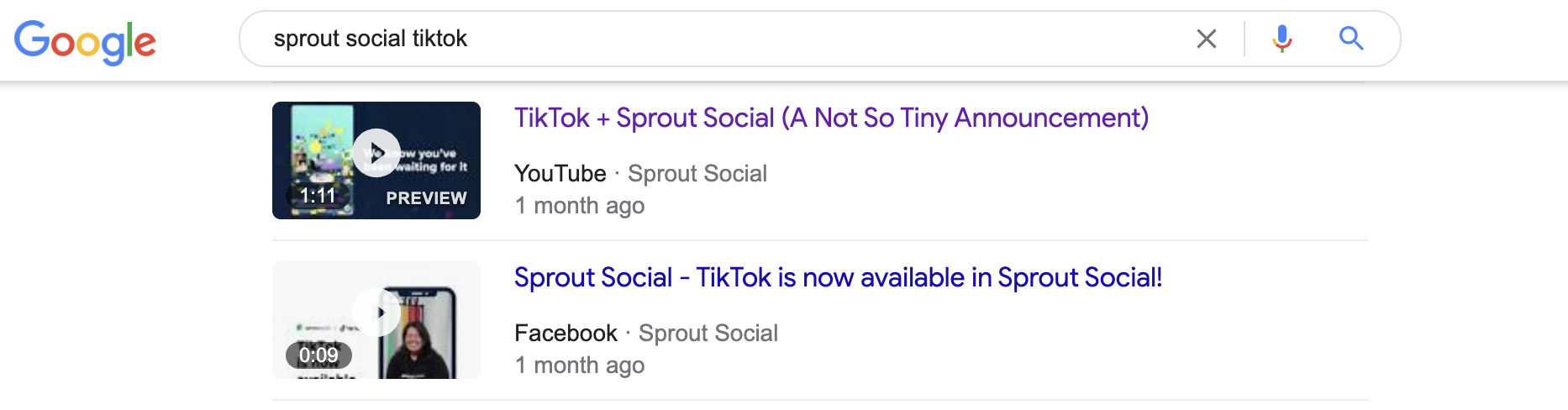 Una captura de pantalla de una búsqueda en Google de "Sprout Social TikTok" que demuestra que los videos de YouTube se muestran en la Búsqueda de Google.