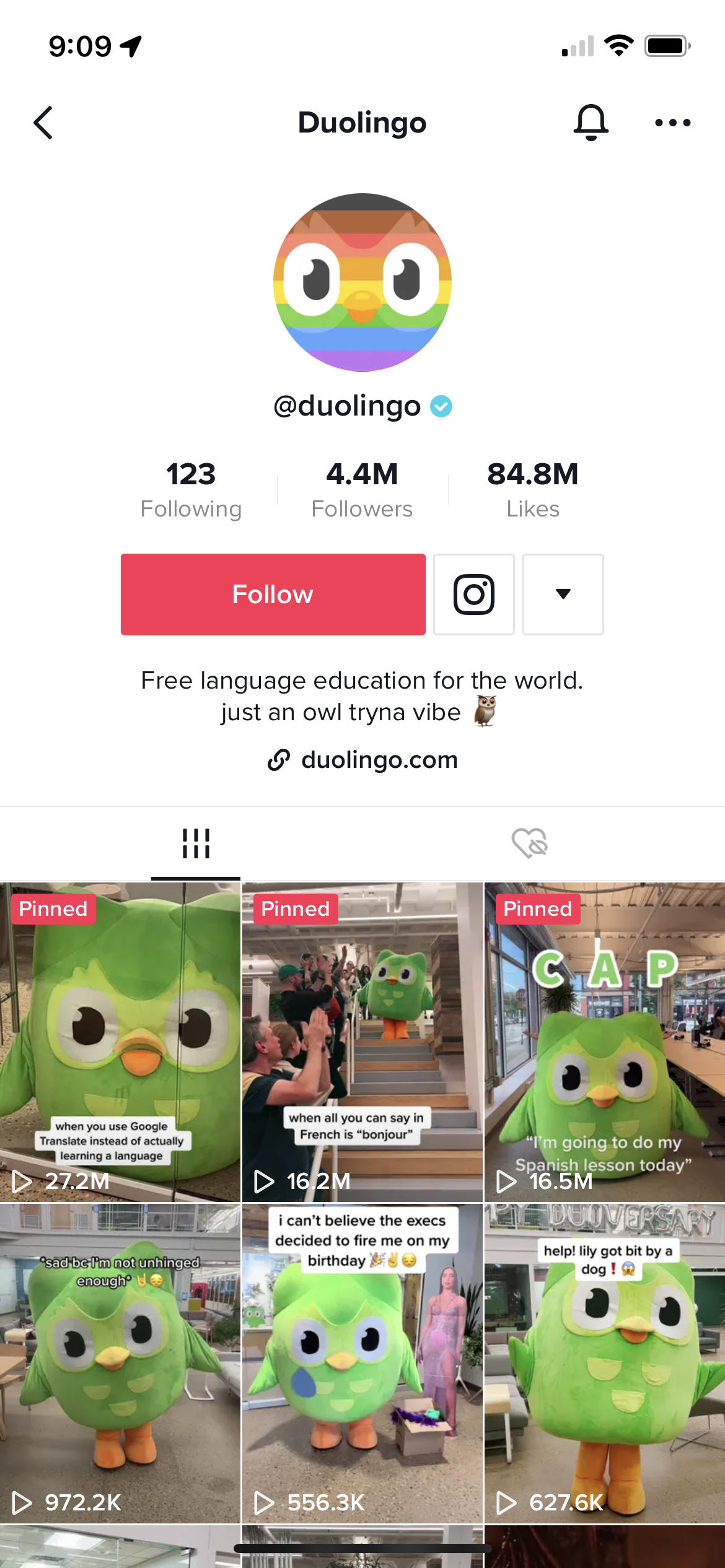 Una captura de pantalla de la cuenta TikTok verificada de Duolingo