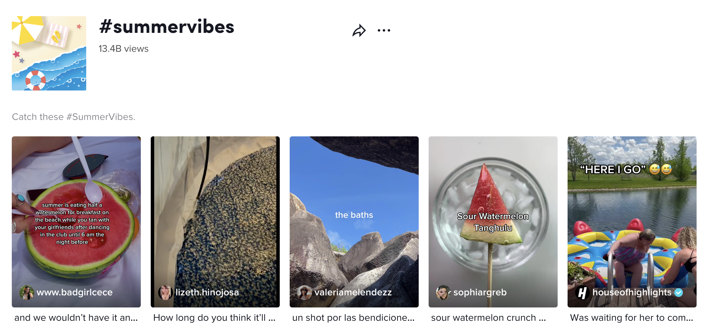 Una captura de pantalla de la página de Tiktok que destaca videos con el hashtag #summervibes. Se muestran 5 miniaturas de video con imágenes que van desde sandía hasta fiestas en la piscina y montañas. El hashtag tiene 13.400 millones de visitas.
