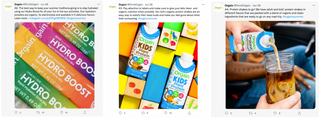 Una captura de pantalla de varios tweets de Orgain. Los tuits contienen trucos para una alimentación saludable. Las imágenes adjuntas son imágenes brillantes y coloridas de los productos Orgain.