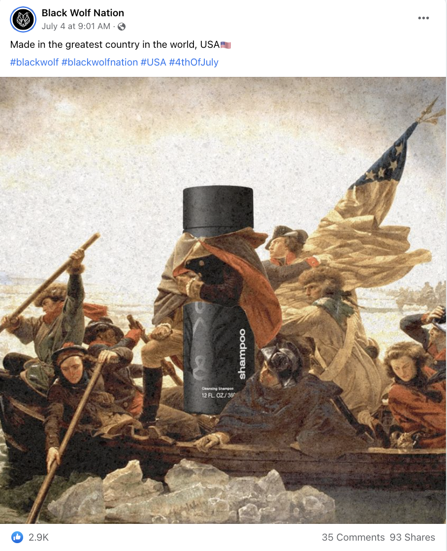 Una captura de pantalla de la publicación de Facebook de Black Wolf Nation del 4 de julio. La imagen muestra una botella de champú Black Wolf Nation retocada con Photoshop en una representación artística de la Revolución Americana.