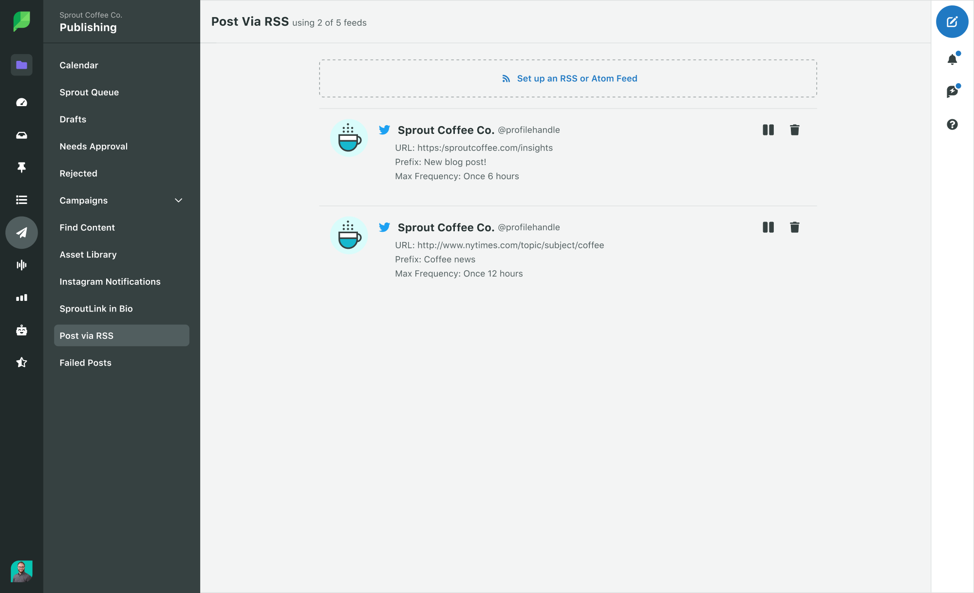 Una captura de pantalla de la pestaña Publicar a través de RSS en Sprout Social, con tecnología de Feedly.