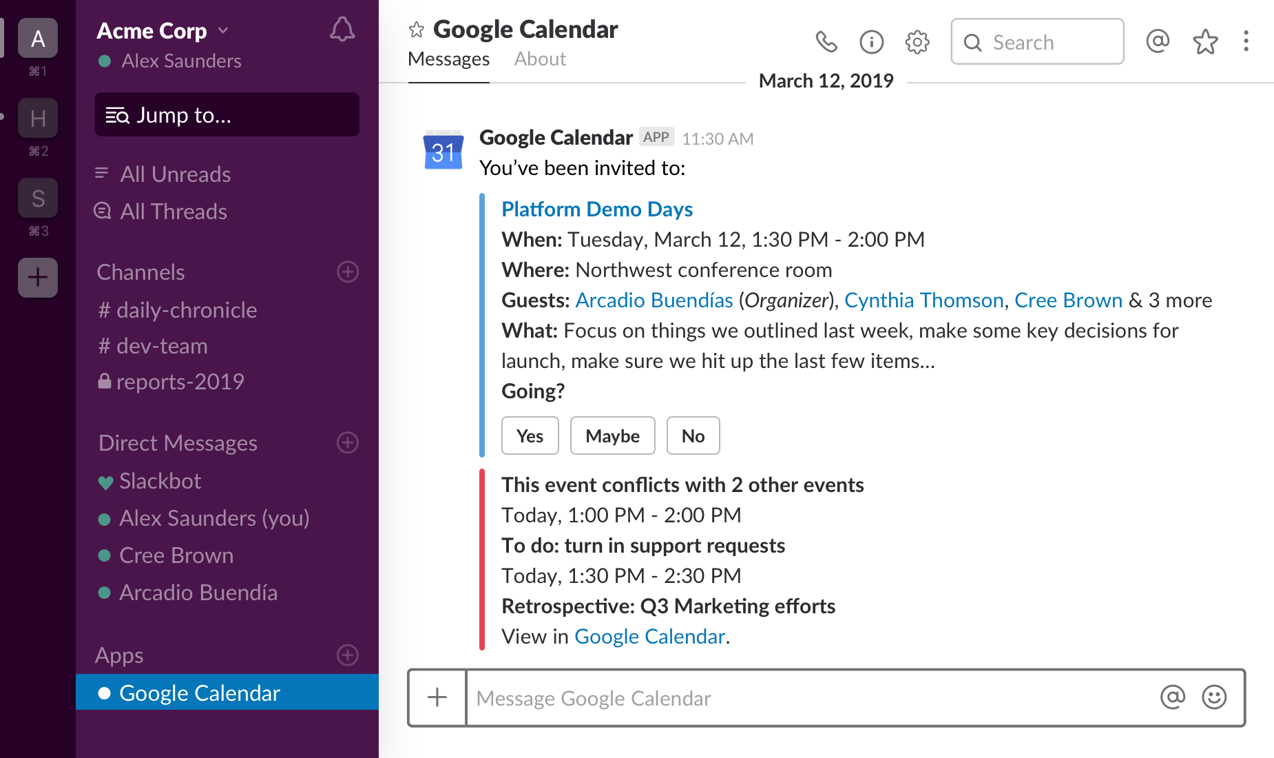 Una captura de pantalla de una instancia de Slack simulada que muestra el canal de la aplicación Google Calendar.