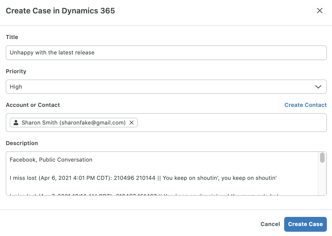 Una captura de pantalla de la integración de Sprout Social con Dynamics 365, que permite a los usuarios crear casos desde Sprout Social.