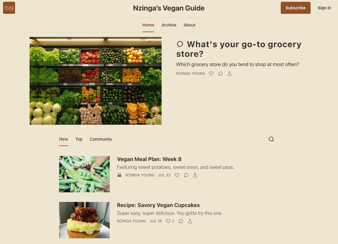 Uno screenshot della pagina Substack della Guida Vegana di Nzinga.