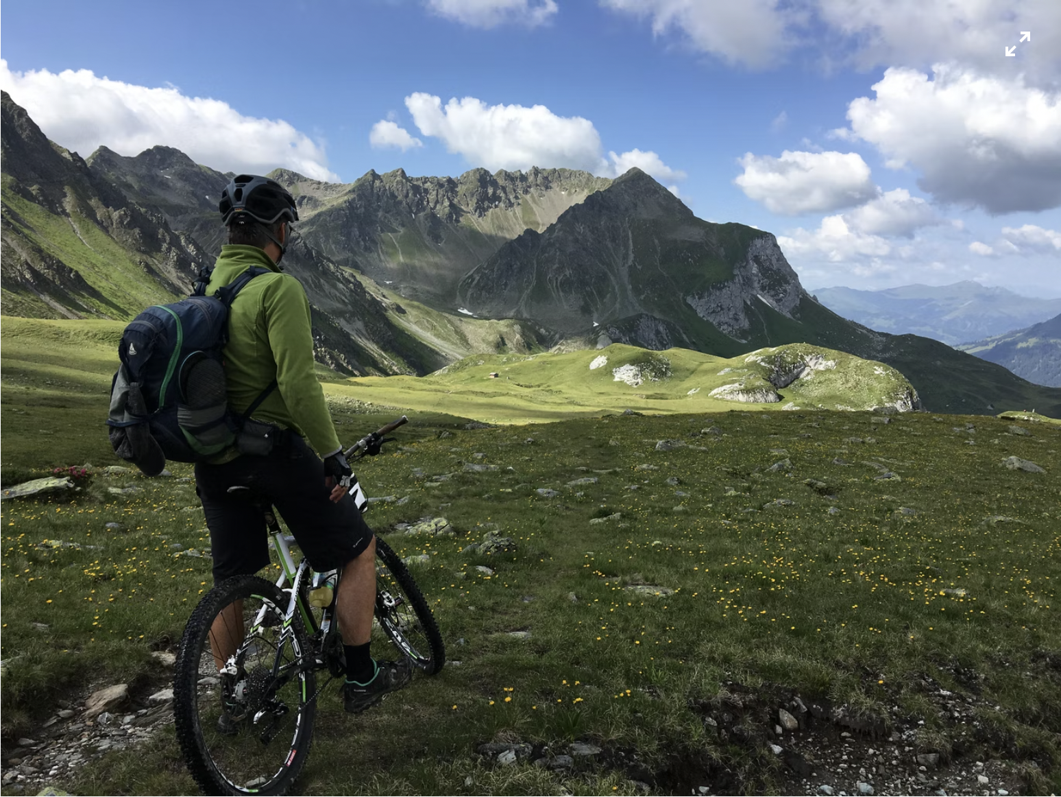 Un uomo con in mano una bicicletta che si affaccia sulle montagne della Svizzera