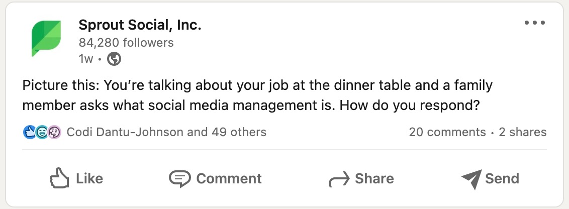O postare pe LinkedIn de la Sprout Social care le cere urmăritorilor să definească managementul rețelelor sociale.