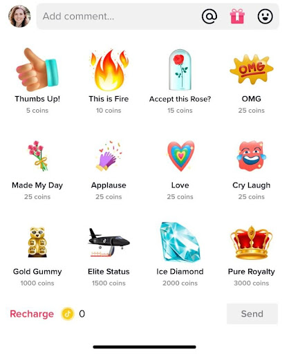 Uno screenshot delle opzioni di valuta digitale di TikTok.