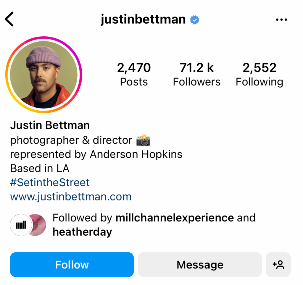 Immagine del profilo di un creatore di Instagram del fotografo e regista Justin Bettman.