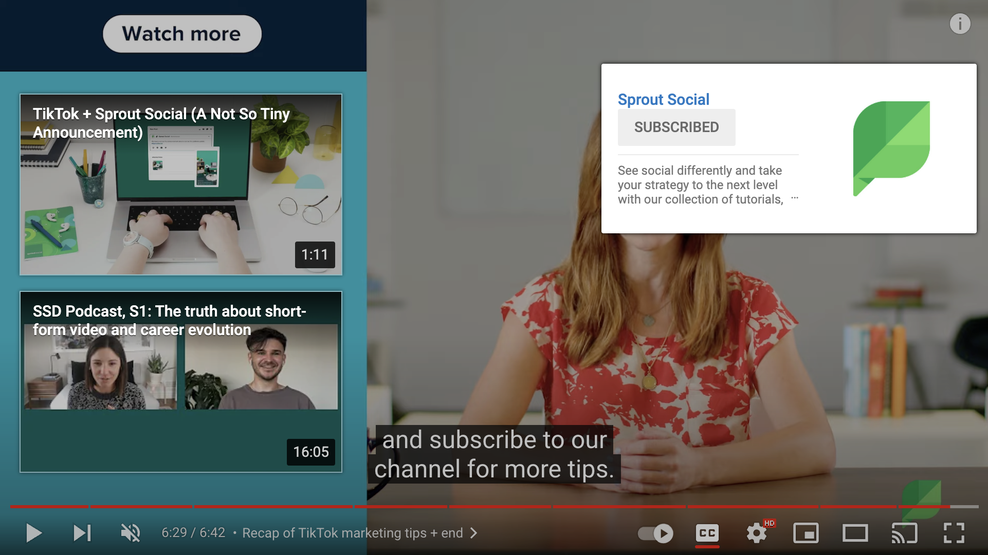 クリックして視聴できる 2 つのビデオ カードとチャンネル登録ボタンを含む Sprout Social YouTube ビデオの終了画面