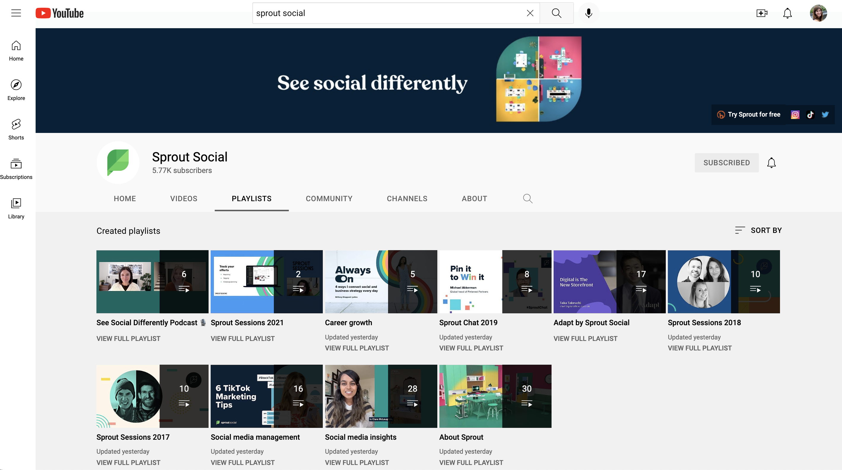 Sprout ポッドキャスト、Sprout Sessions などのプレイリストを含む、Sprout のチャンネルのプレイリストのビュー
