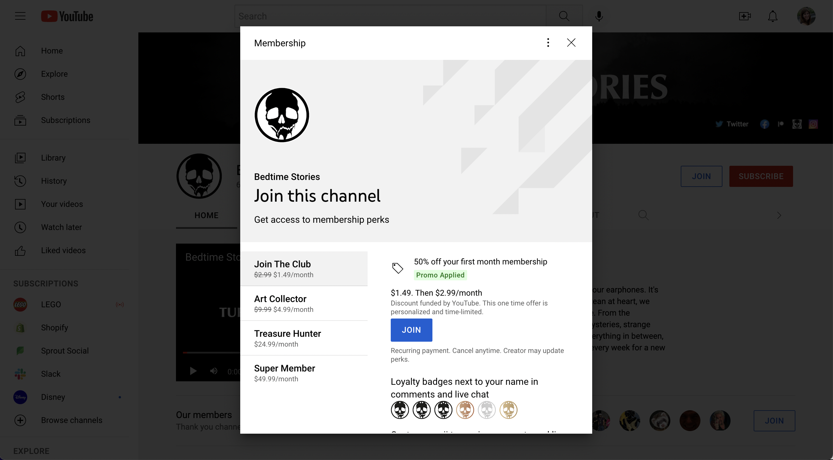 チャンネル メンバーシップの特典がどのようなものかを示す YouTube チャンネル ベッドタイム ストーリーのスクリーンショット。