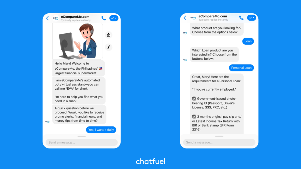 Esempio di chatbot di Chatfuel