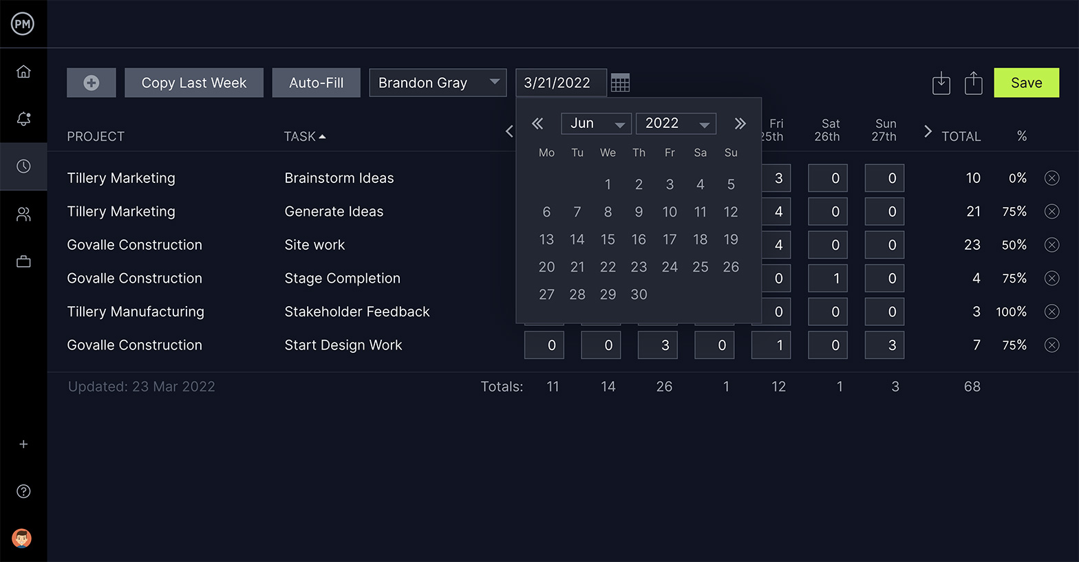 ProjectManager のタイムシート ビュー