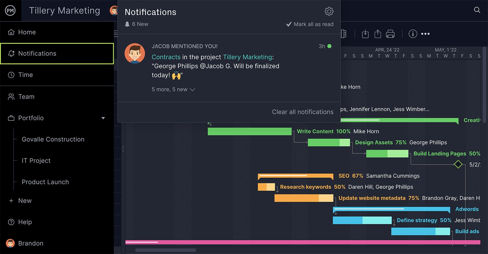 Diagramme de Gantt de ProjectManager avec notification dans l'application