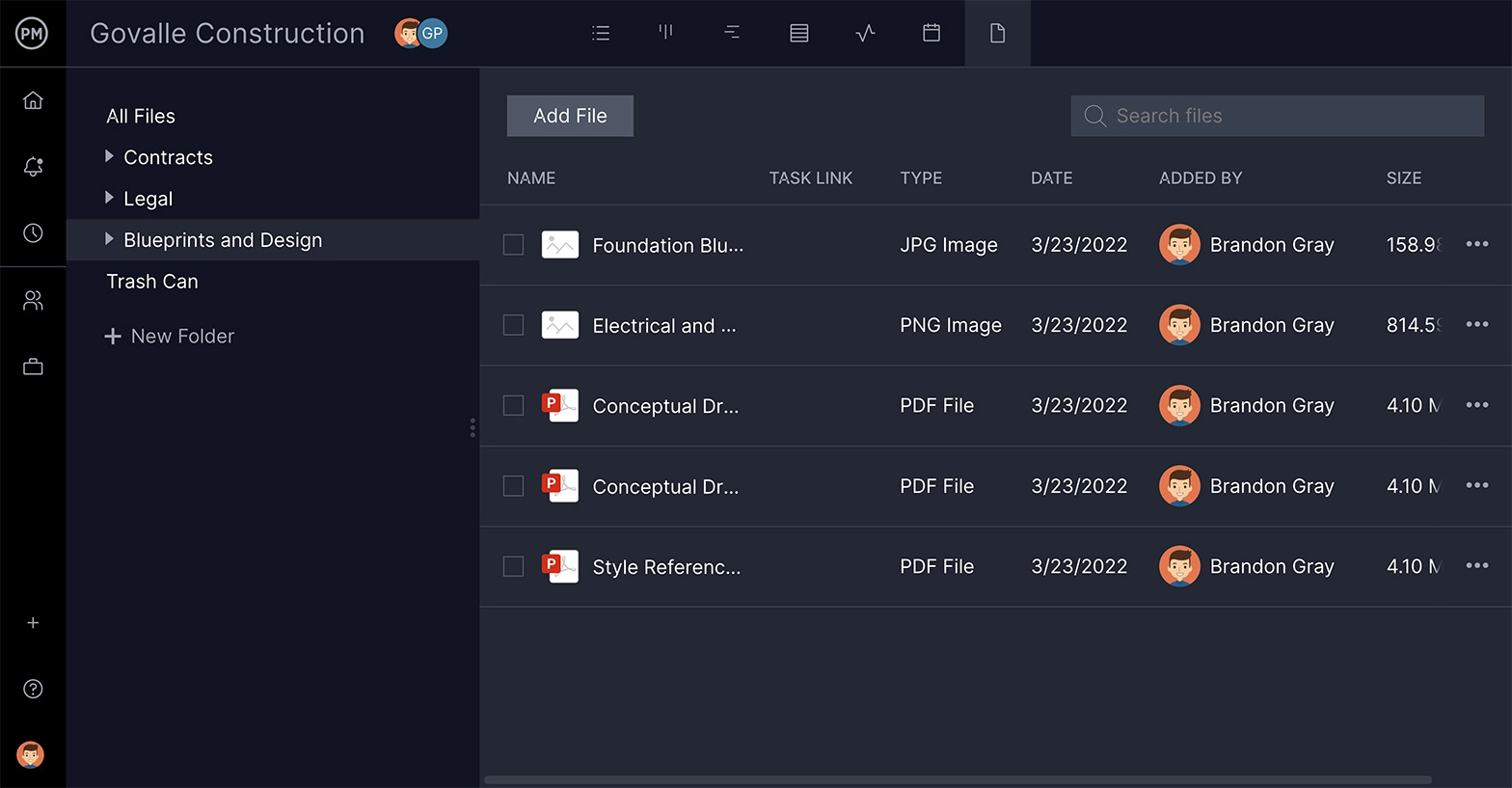 Almacenamiento de archivos de ProjectManager