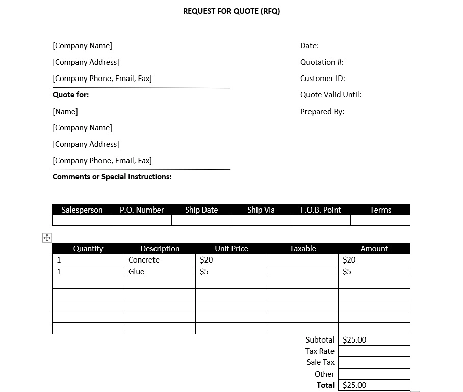 plantilla de solicitud de cotización (RFQ) para Word