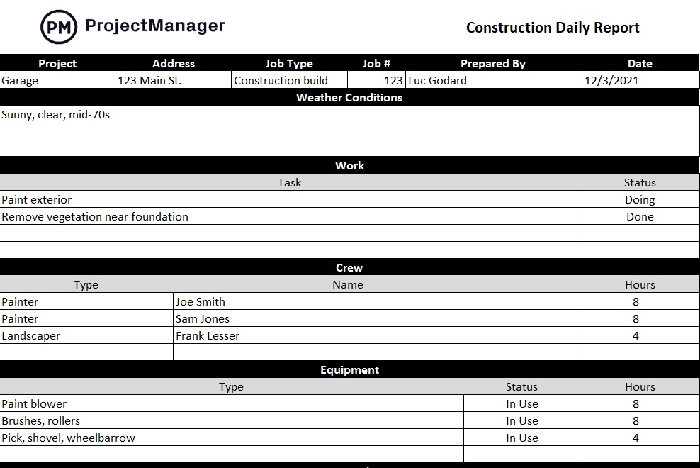 Plantilla de Excel de informe diario de construcción