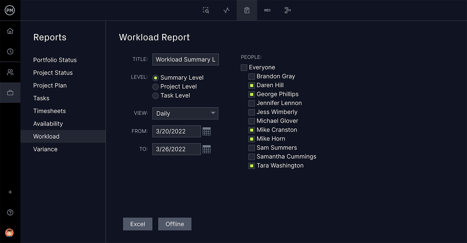 สกรีนช็อตของคุณสมบัติการสร้างรายงานโครงการใน ProjectManager