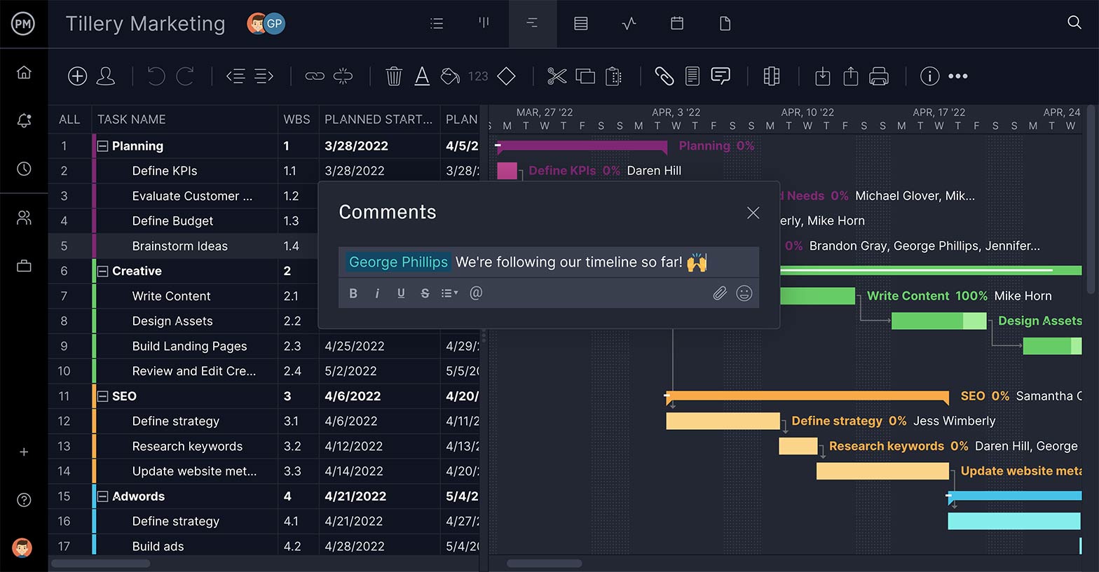 Capture d'écran du diagramme de Gantt avec une fenêtre contextuelle de collaboration d'équipe