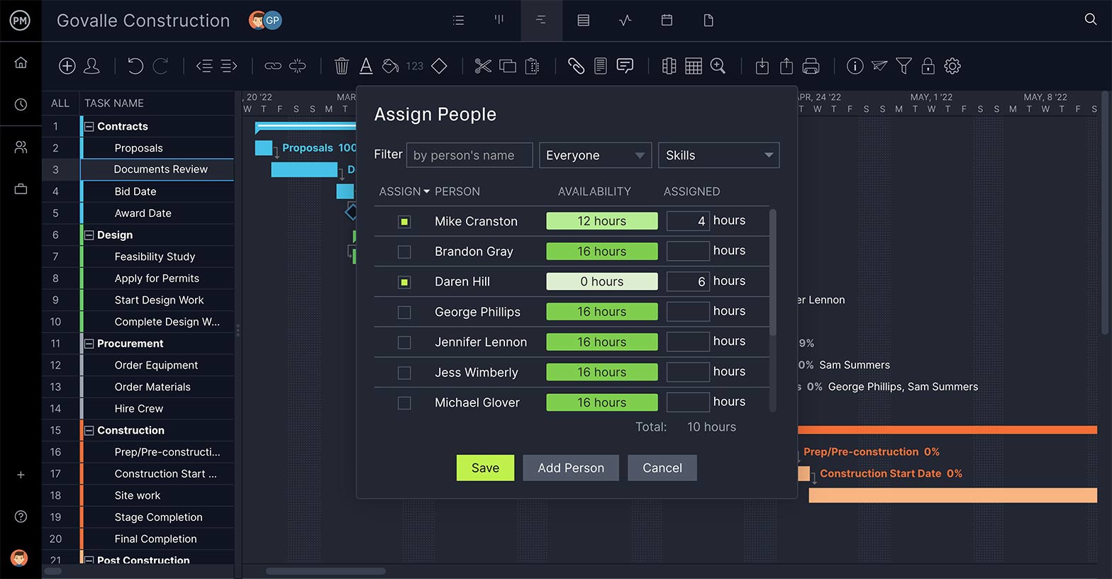 Diagramme de Gantt de ProjectManager avec fenêtre contextuelle d'affectation de personnes