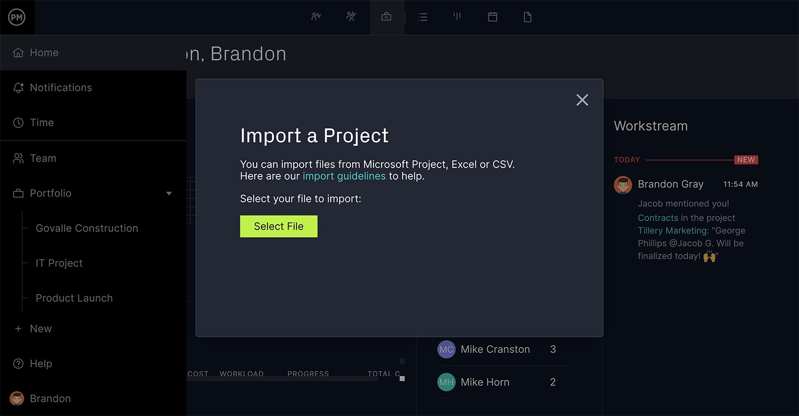 ProjectManager importa um pop-up de projeto