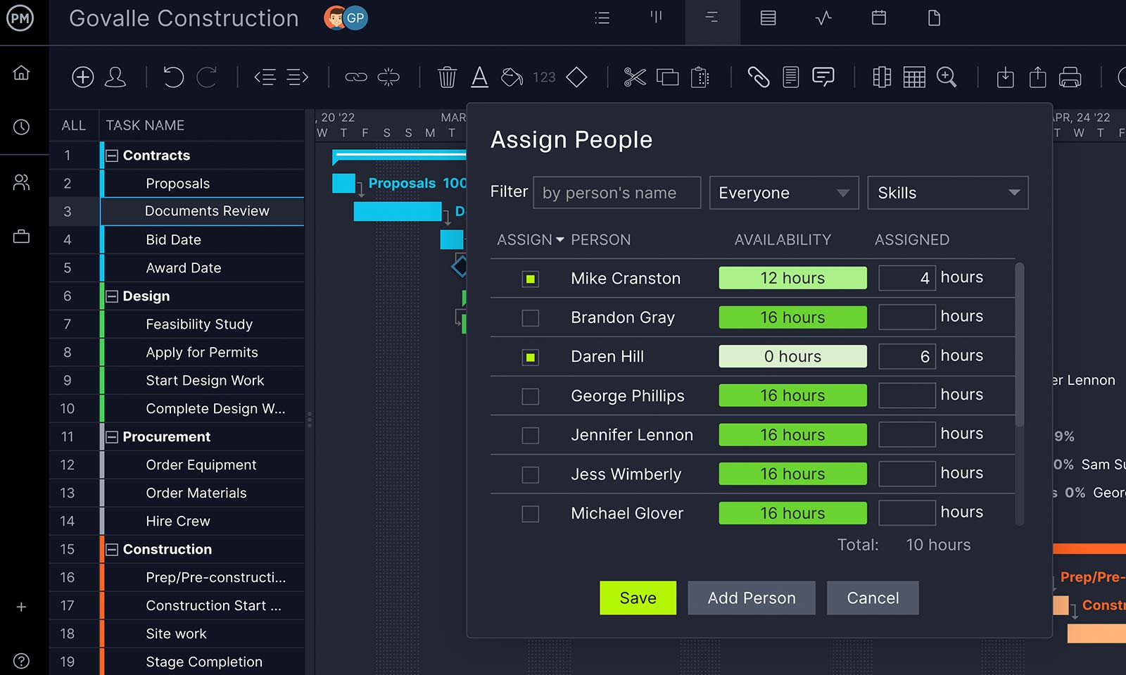 할당 팝업의 근접 촬영이 있는 ProjectManager의 Gantt