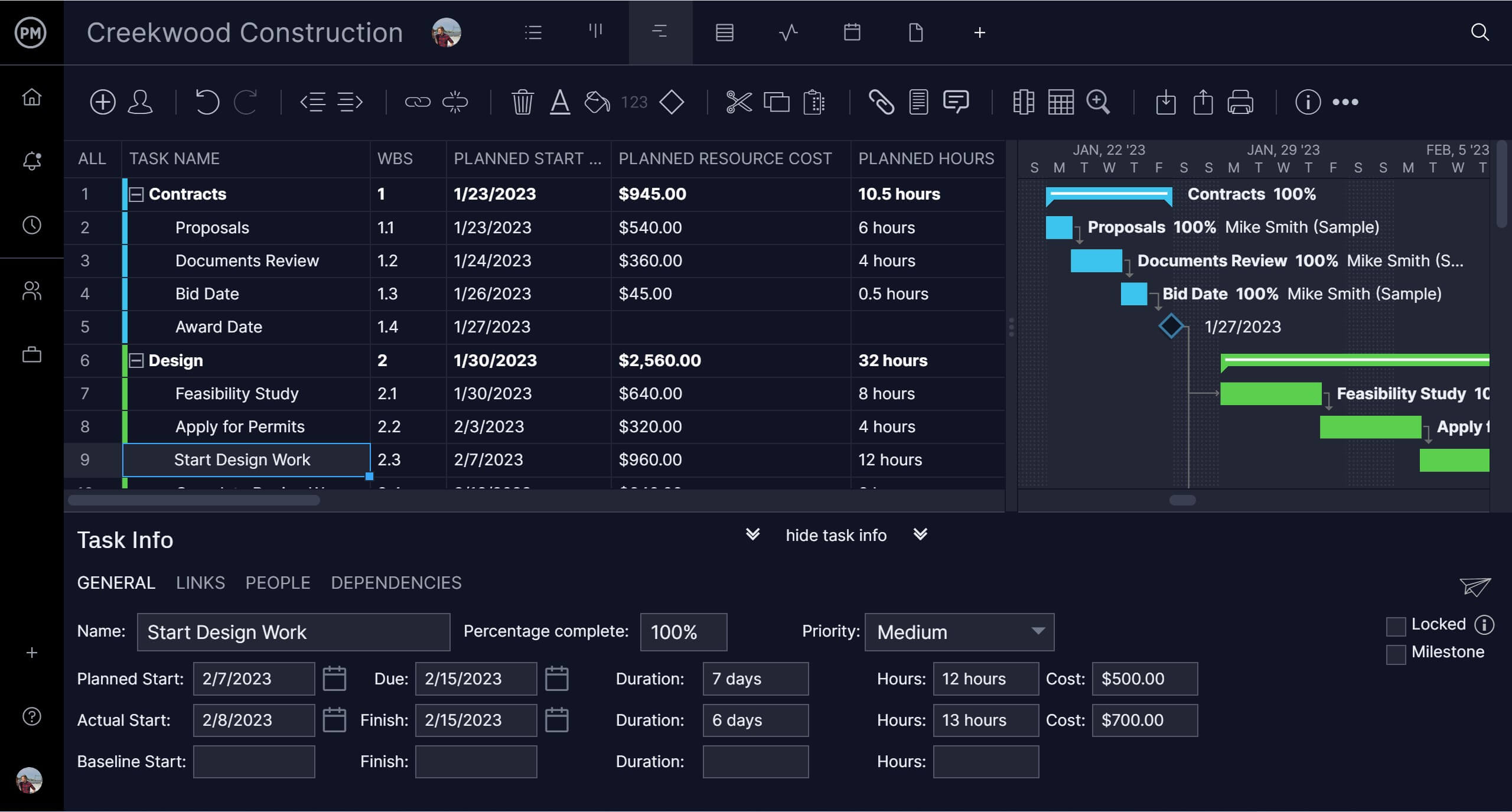 Calendario de trabajo en un diagrama de Gantt con detalles de la tarea