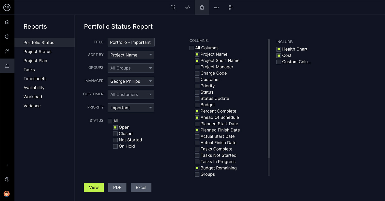 Une capture d'écran de la vue du rapport d'état de ProjectManager