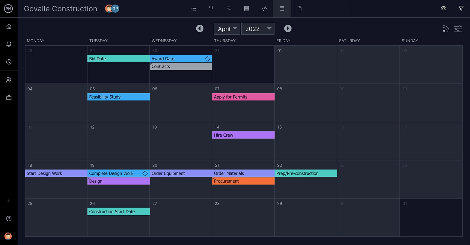 Visualização do calendário do ProjectManager