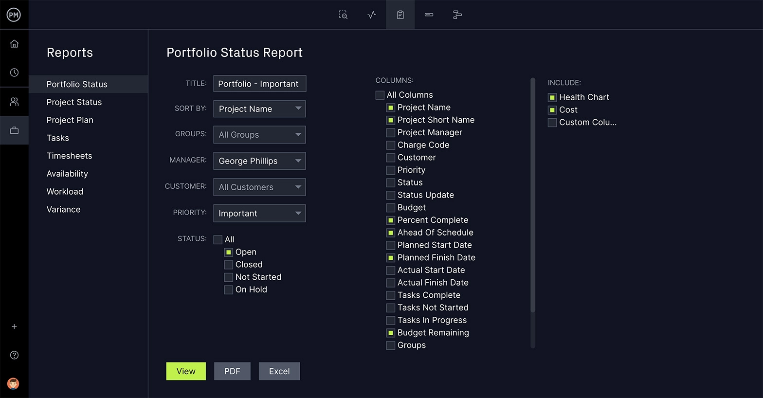 Relatório de status do ProjectManager, uma ferramenta de gerenciamento de projetos para acompanhar os custos do projeto