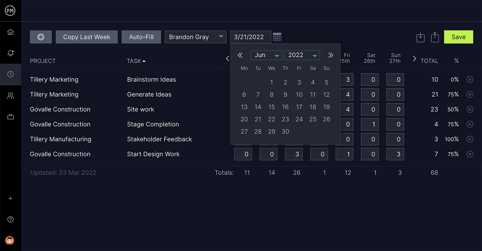 Visualizzazione del foglio presenze in ProjectManager