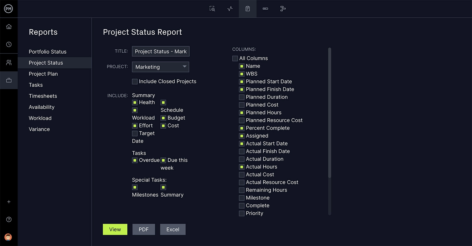 Filtro de informe de estado de ProjectManager