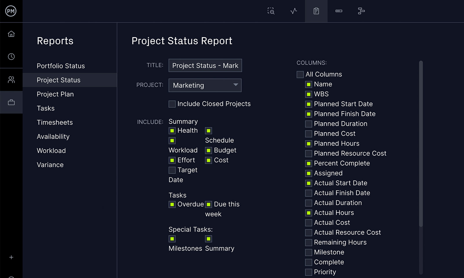 ProjectManager 的狀態報告過濾器