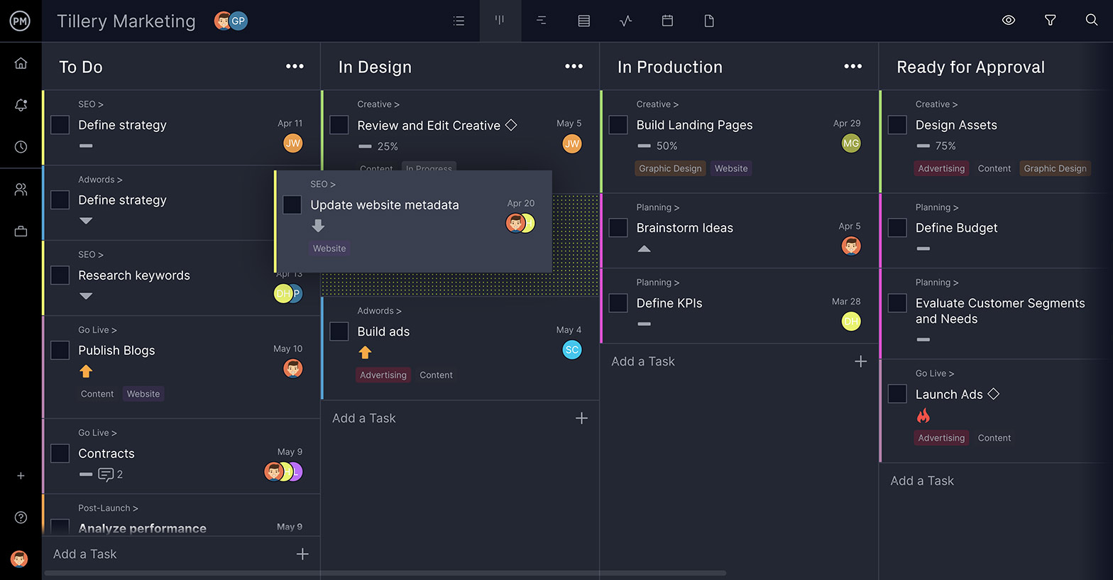 Une capture d'écran de la vue projet du tableau Kanban, qui permet aux équipes de gestion de projet à distance de mieux travailler