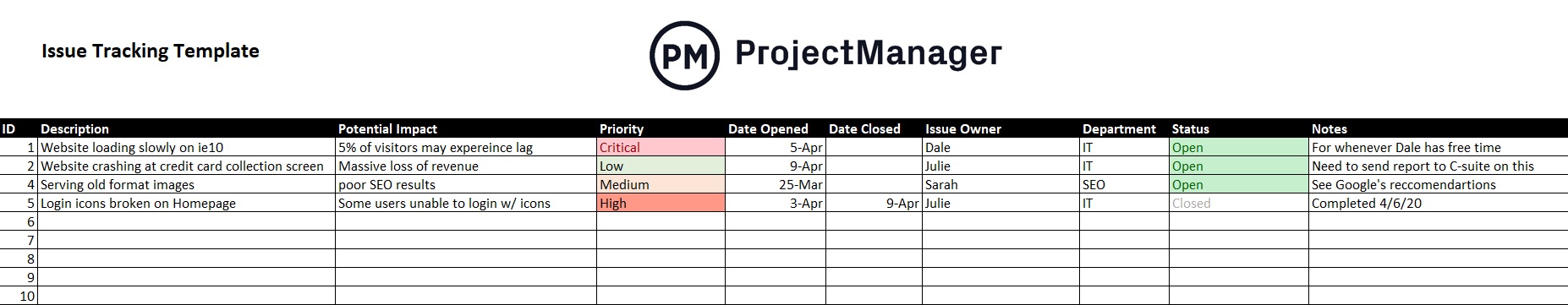 Excel の問題追跡テンプレート