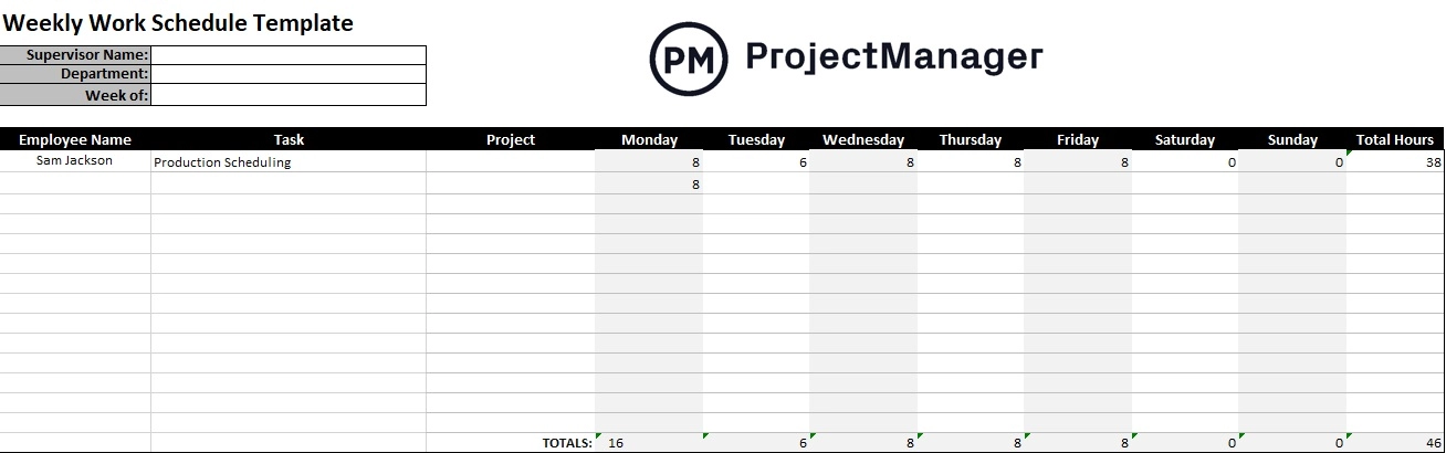 เทมเพลตตารางการทำงานรายสัปดาห์สำหรับ Microsoft Excel ในรูปแบบสเปรดชีต