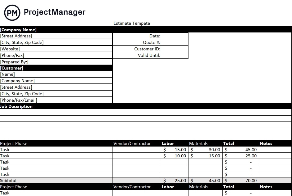 бесплатный шаблон оценки стоимости от ProjectManager