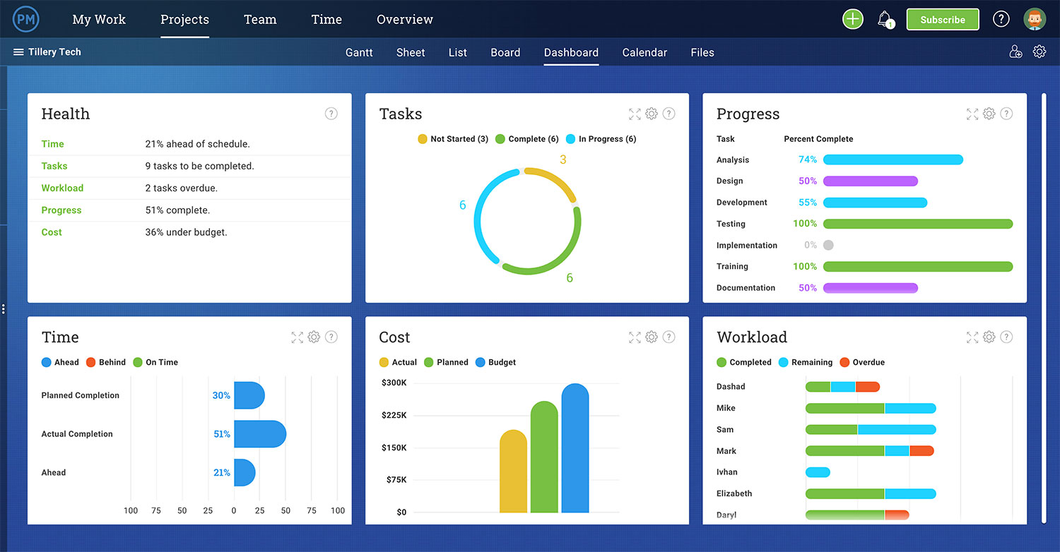 Une capture d'écran des tableaux de bord de ProjectManager pour le suivi des problèmes