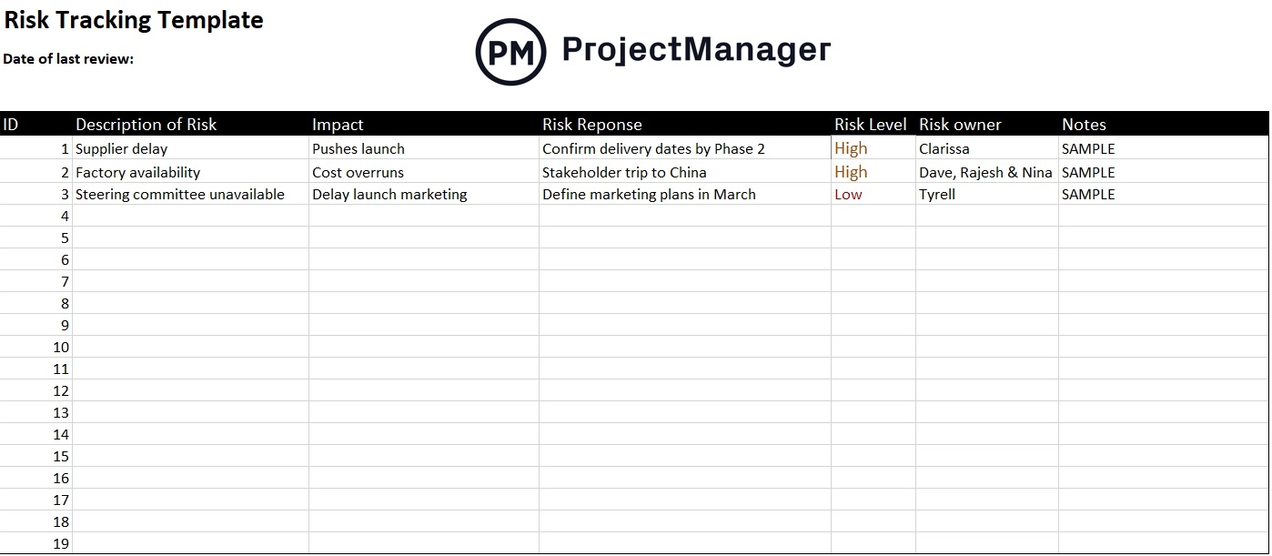 ProjectManager의 무료 위험 추적 템플릿