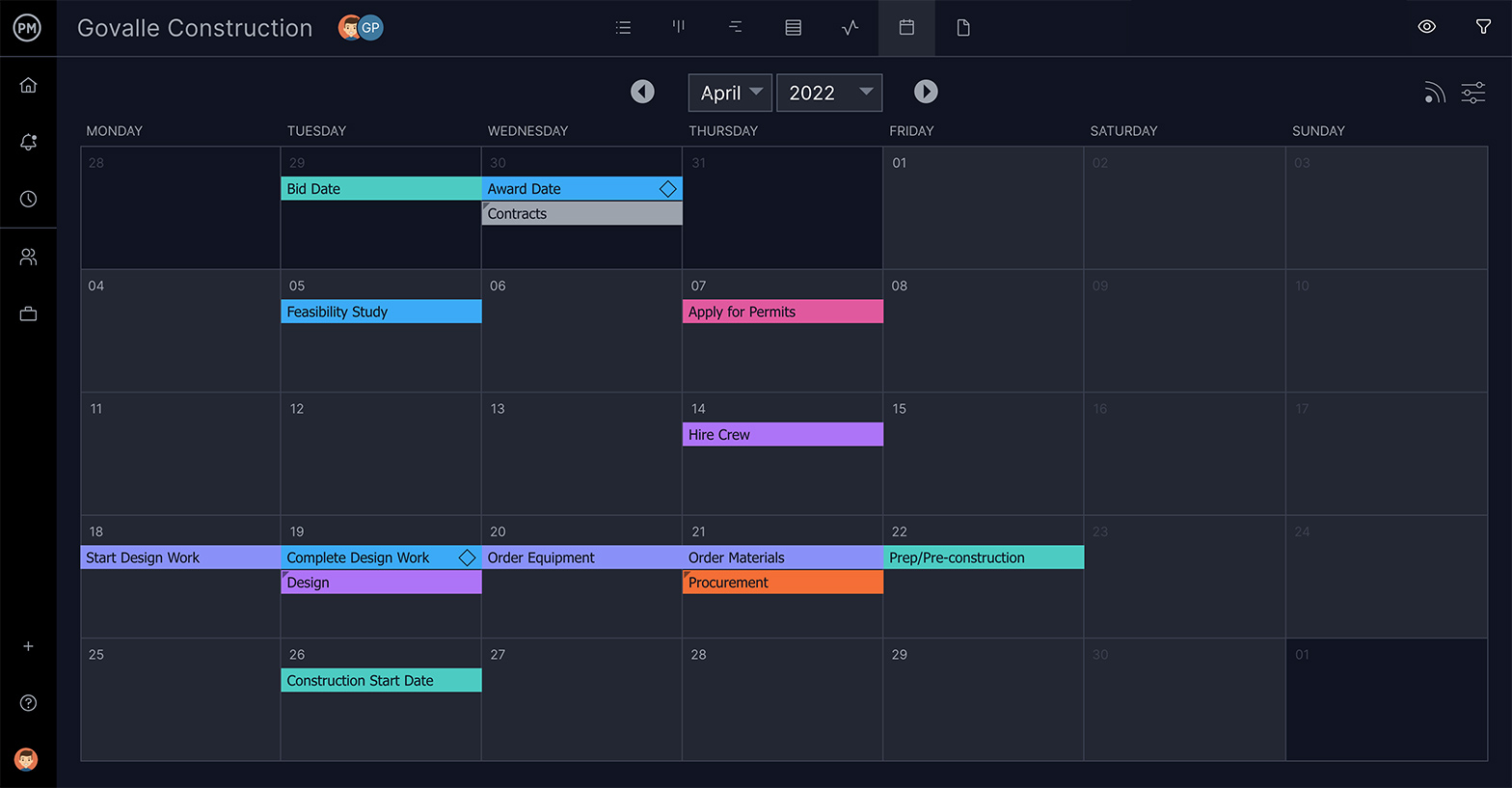 O ProjectManager tem várias visualizações de projeto, como calendários de projeto, para ajudar na coleta de requisitos