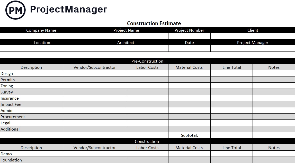 Plantilla de estimación de construcción gratuita de ProjectManager