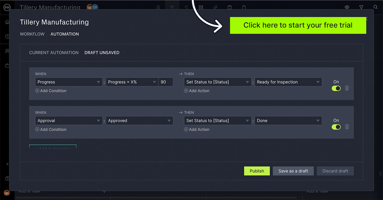 Use a automação de fluxo de trabalho do ProjectManager para melhorar e supervisionar os processos de negócios.